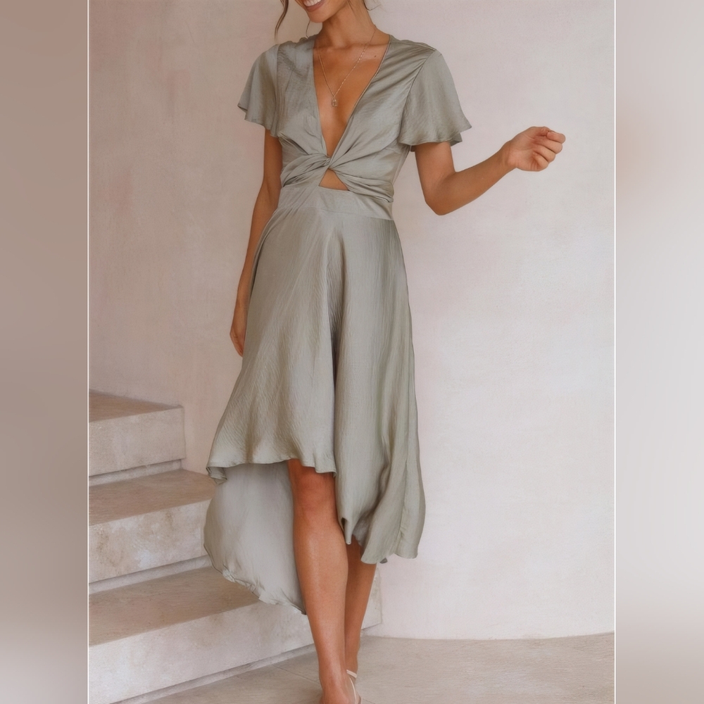 Elegant Sage Green High Low Plunge Flutter Sleeve Tied Crisscross Dress